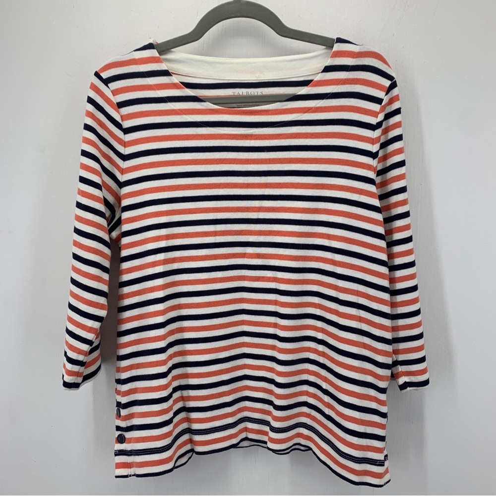 Talbots Womens PL Large Petite Pullover Top Stripes Cotton Stretch 3/4 Sleeve